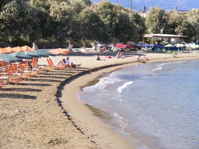 A scenic view of a sandy beach in Crete, lined with sun loungers and umbrellas, with calm waves lapping at the shore and a relaxed seaside atmosphere. A scenic view of a sandy beach in Crete, lined with sun loungers and umbrellas, with calm waves lapping at the shore and a relaxed seaside atmosphere.