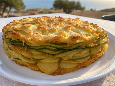 A beautifully layered Boureki, a traditional Cretan vegetarian dish, featuring golden-baked layers of thinly sliced courgettes, potatoes, and cheese, served on a white plate with a scenic outdoor backdrop. A beautifully layered Boureki, a traditional Cretan vegetarian dish, featuring golden-baked layers of thinly sliced courgettes, potatoes, and cheese, served on a white plate with a scenic outdoor backdrop.