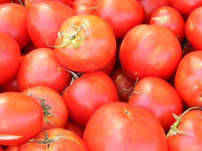 A close-up of bright red, juicy tomatoes with green stems, showcasing their fresh and vibrant appearance - a prime ingredient in Briam! A close-up of bright red, juicy tomatoes with green stems, showcasing their fresh and vibrant appearance - a prime ingredient in Briam!