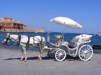 White horse-drawn carriage waiting by the waterfront in Chania’s Old Town, Crete, offering a classic and picturesque way to explore the historic area.