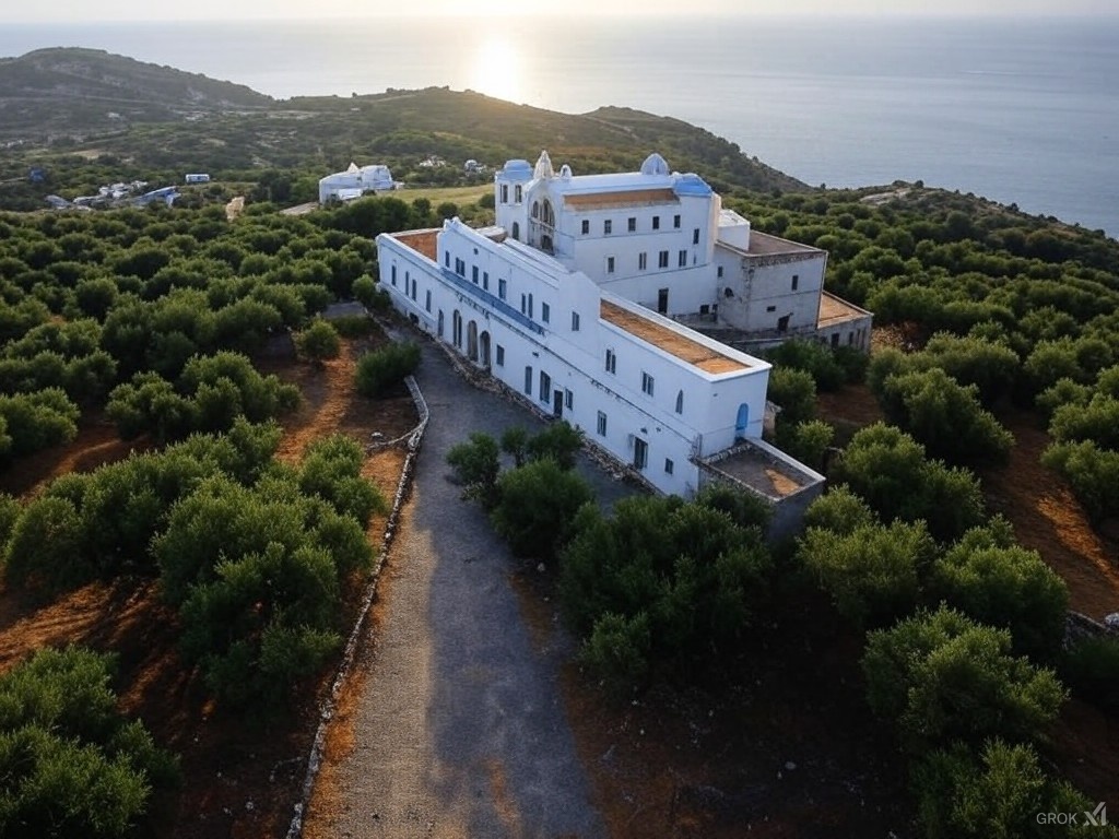 Aerial view of Chrisoskalitissa Monastery surrounded by olive groves, overlooking the sea with the sun setting on the horizon in Crete, Greece. Aerial view of Chrisoskalitissa Monastery surrounded by olive groves, overlooking the sea with the sun setting on the horizon in Crete, Greece.