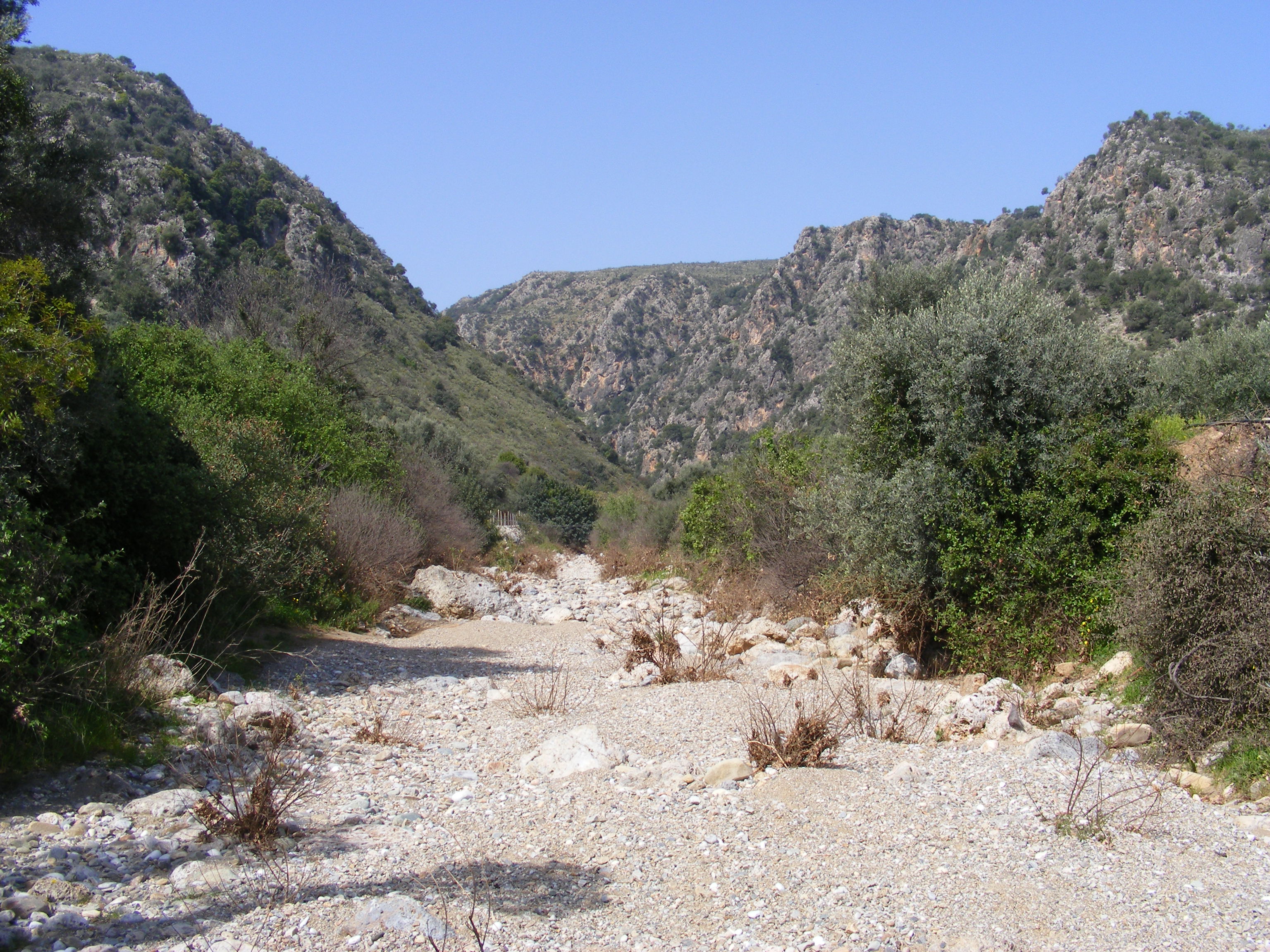 Scenic view of a dry riverbed in the lush valley of Diktomos Gorge in Crete, surrounded by rugged hills and greenery under a clear blue sky. Scenic view of a dry riverbed in the lush valley of Diktomos Gorge in Crete, surrounded by rugged hills and greenery under a clear blue sky.
