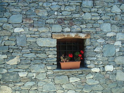 A rustic stone wall with a small window, adorned with a potted plant featuring red flowers, adding a touch of colour to the textured masonry.
