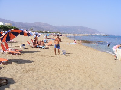 A lively sandy beach in Malia, Crete, with sunbeds and orange umbrellas lining the shore. Tourists relax under the sun while others enjoy the clear blue waters, with a mountainous landscape in the background. A lively sandy beach in Malia, Crete, with sunbeds and orange umbrellas lining the shore. Tourists relax under the sun while others enjoy the clear blue waters, with a mountainous landscape in the background.