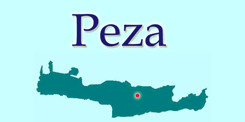 A map of Crete highlighting the location of Peza with a red dot, accompanied by the name 'Peza' prominently displayed above. A map of Crete highlighting the location of Peza with a red dot, accompanied by the name 'Peza' prominently displayed above.