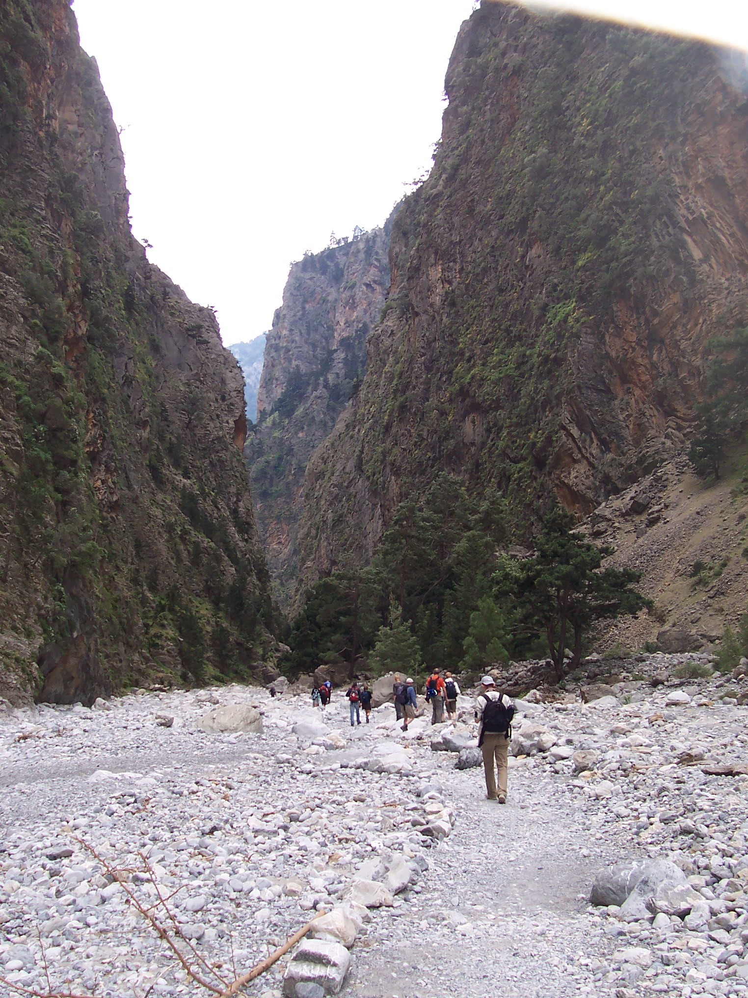 Hikers walking through the rocky, narrow Samaria Gorge in Crete, surrounded by towering cliffs with rugged, green vegetation.