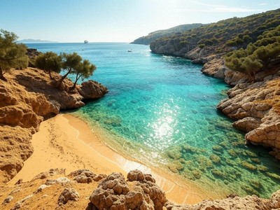 A secluded beach in Crete with golden sand, crystal-clear turquoise waters, and rugged cliffs dotted with small trees. The calm sea reflects the sunlight, creating a stunning and serene coastal landscape. A secluded beach in Crete with golden sand, crystal-clear turquoise waters, and rugged cliffs dotted with small trees. The calm sea reflects the sunlight, creating a stunning and serene coastal landscape.